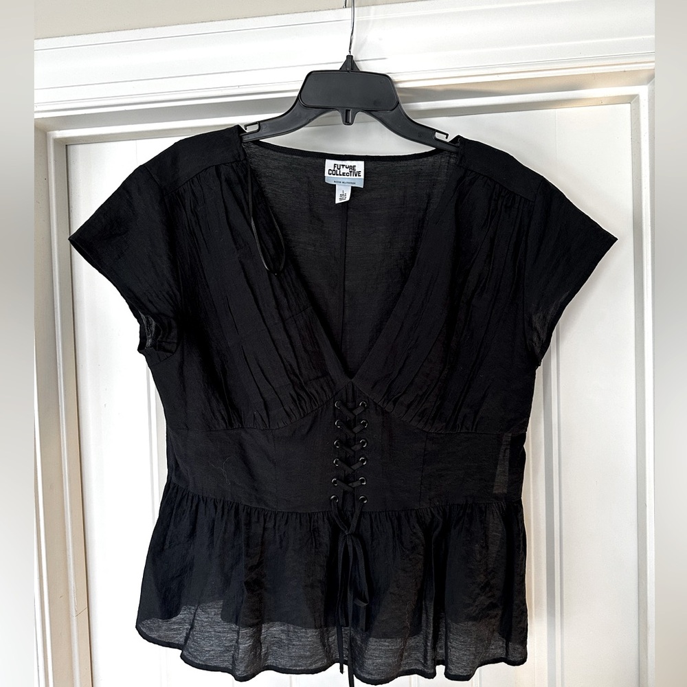 Future collective black corset blouse, lace front, side zipper, size L